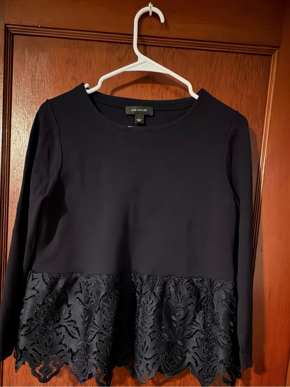 Ann Taylor Navy Long-Sleeve Peplum Lace Blouse